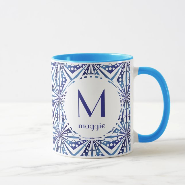 Customisable Blue and White Geometric Pattern Mug (Right)