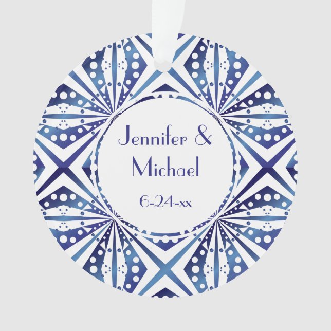 Customisable Blue and White Geometric Pattern Ornament (Front)