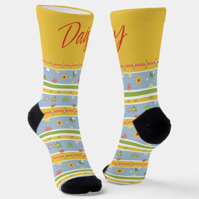 Customisable Blue and Yellow Flower Pattern Socks (Angled)