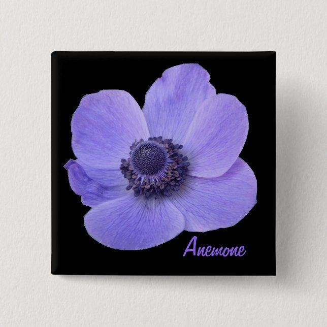 Customisable Blue Anemone Flower Button (Front)
