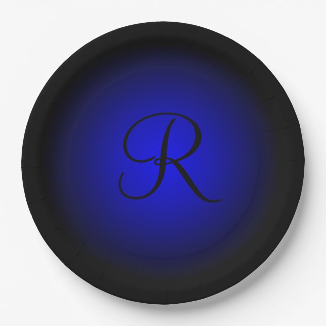 Customisable blue black monogram paper plates (Front)