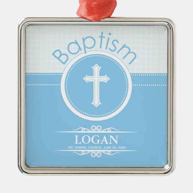 Customisable, Blue Boy Child of God Baptism Metal Tree Decoration (Front)