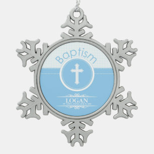 Customisable, Blue Boy Child of God Baptism Snowflake Pewter Christmas Ornament