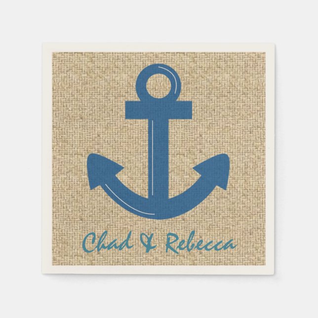 Customisable blue burlap anchor paper napkins (Front)