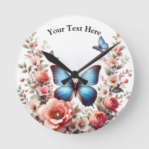 Customisable Blue Butterfly Floral Art-96279 Round Clock