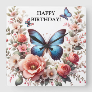 Customisable Blue Butterfly Floral Art-96279 Square Wall Clock