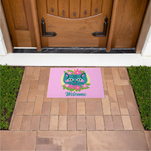 Customisable Blue Cat with Pink Flowers Door Mat