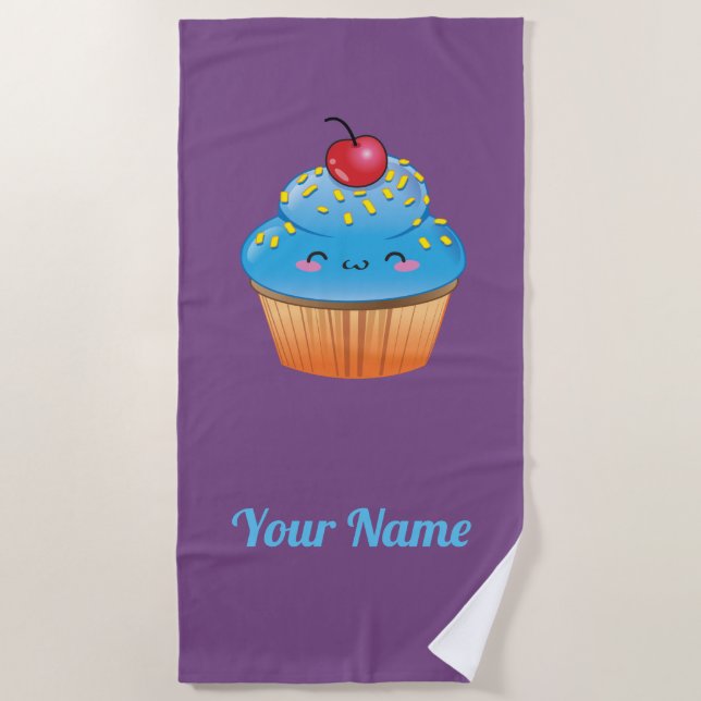 Customisable Blue Kawaii Cupcake Beach Towel (Front)