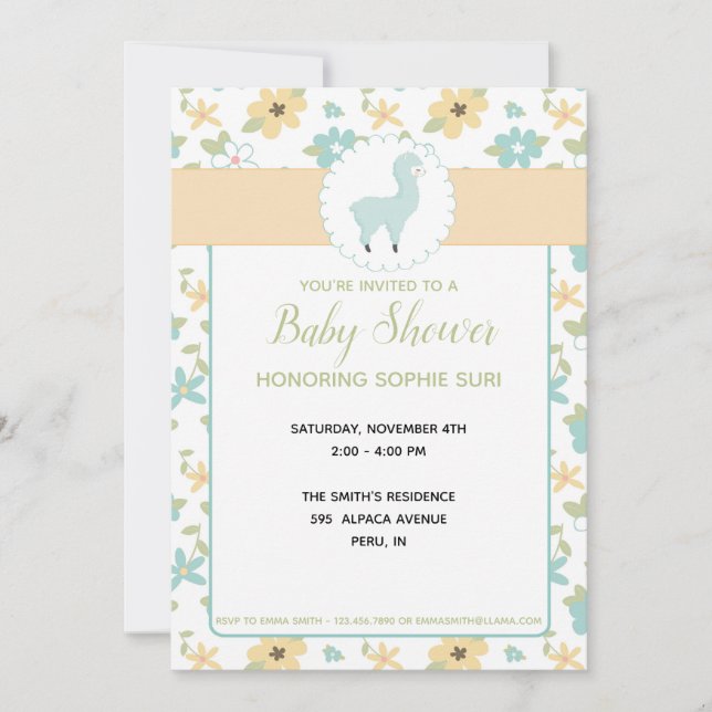 Customisable Blue Little Llama Baby Shower Invite (Front)