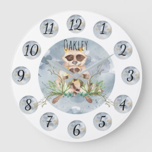 Customisable Blue Racoon Nursery Clock Large