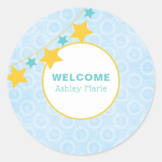 Customisable Blue Star Welcome Baby Classic Round Sticker