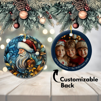 Customisable Blue Vintage Santa Christmas Ceramic Tree Decoration