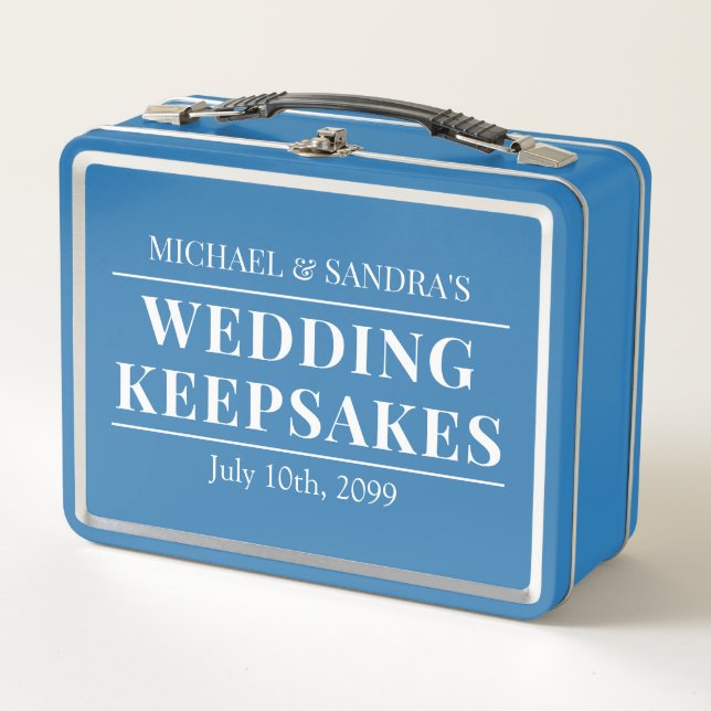 Customisable Blue Wedding Keepsakes Metallic Box (Front)