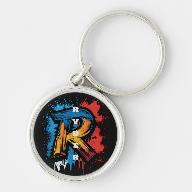 Customisable Bold Graffiti Monogram 'R' Urban Key Ring (Front)