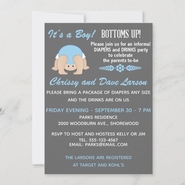 Customisable Bottoms Up Baby Shower Invitation (Front)