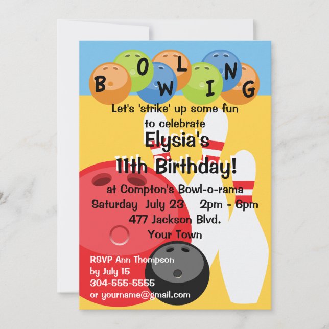 Customisable Bowling Birthday Party Invitation (Front)