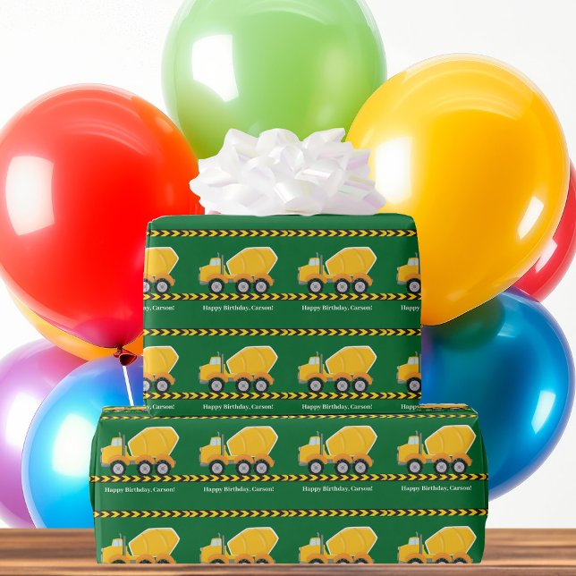 Customisable Boys Birthday Green Yellow Truck Wrapping Paper (Creator Uploaded)