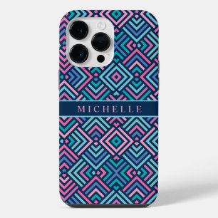 Customisable Bright Light Dark Blue Pink Geometric iPhone 14 Pro Max Case