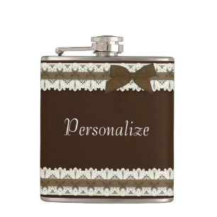 Customisable brown lace ribbon bow flask