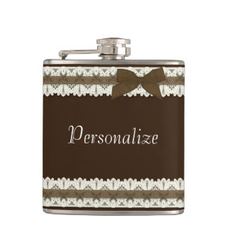 Customisable brown lace ribbon bow flask