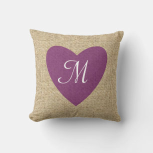 Customisable burlap purple heart monogram pillow
