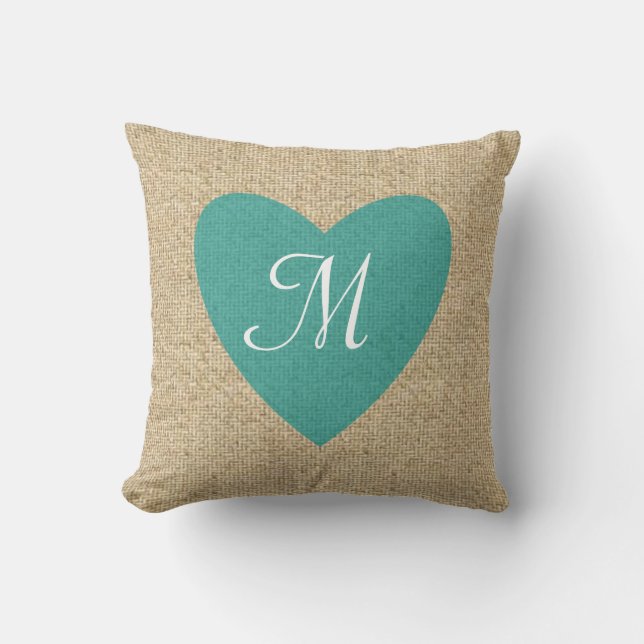 Customisable burlap teal heart monogram pillow (Front)