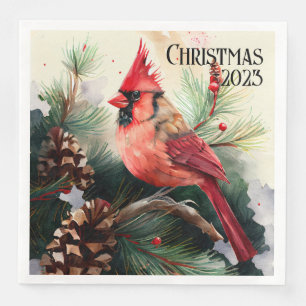 Customisable Cardinal on Evergreen Tree Christmas Napkin