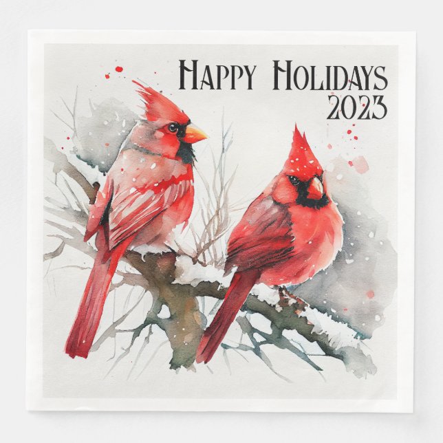Customisable Cardinals on Evergreen Tree Christmas Napkin (Front)