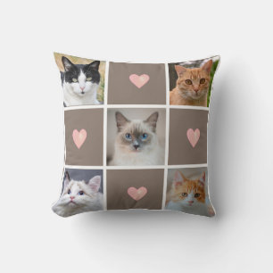 Customisable Cat & Dog Photos & Hearts on Beige Cushion