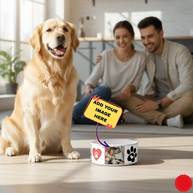 Customisable Cat Photo Collage Bowl - Red and Blac (Customizable Cat Photo Collage Bowl - Red and Black Heart Paw Print Design - Personalized Pet Feedin)