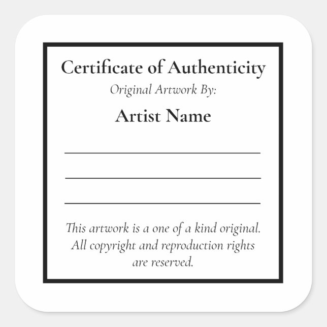 Customisable Certificate of Authenticity Square Sticker (Front)