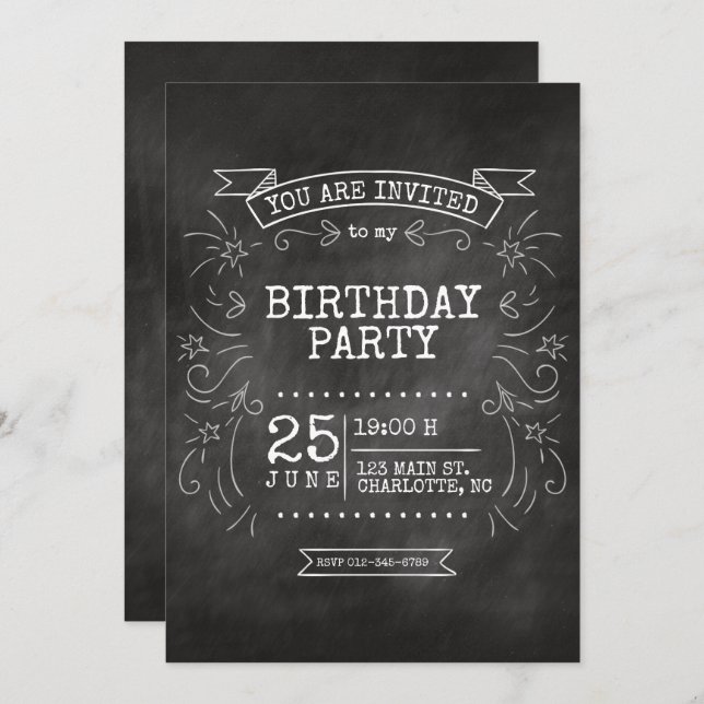 Customisable Chalkboard Birthday Invitation. Invitation (Front/Back)