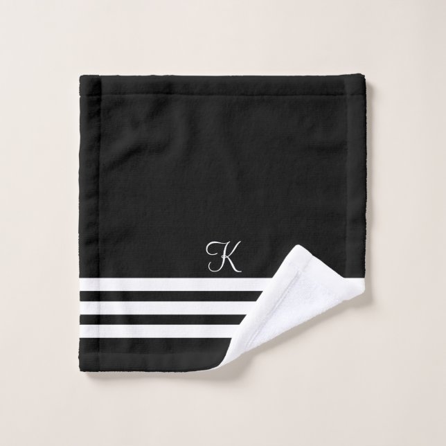 Customisable Chic Black With White Hotel Aesthetic Bath Towel Set (Wash Cloth)