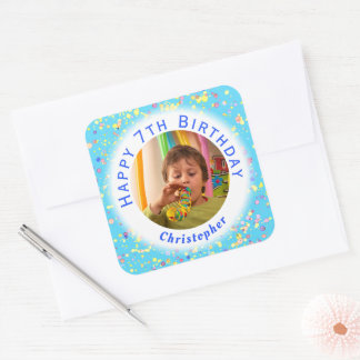 Customisable Child's Birthday Photo Watercolor Square Sticker