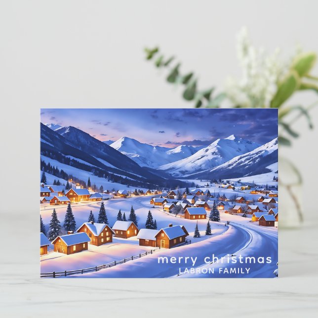 Customisable Christmas Card, Snowy Nordic Village  Holiday Card (Standing Front)
