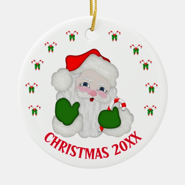 Customisable Christmas Santa & Candycanes Ceramic Tree Decoration (Front)