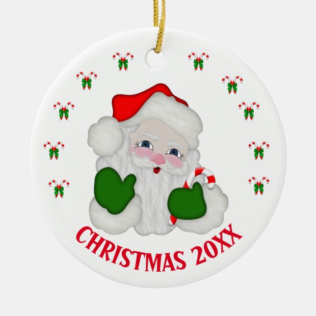 Customisable Christmas Santa & Candycanes Ceramic Tree Decoration (Front)