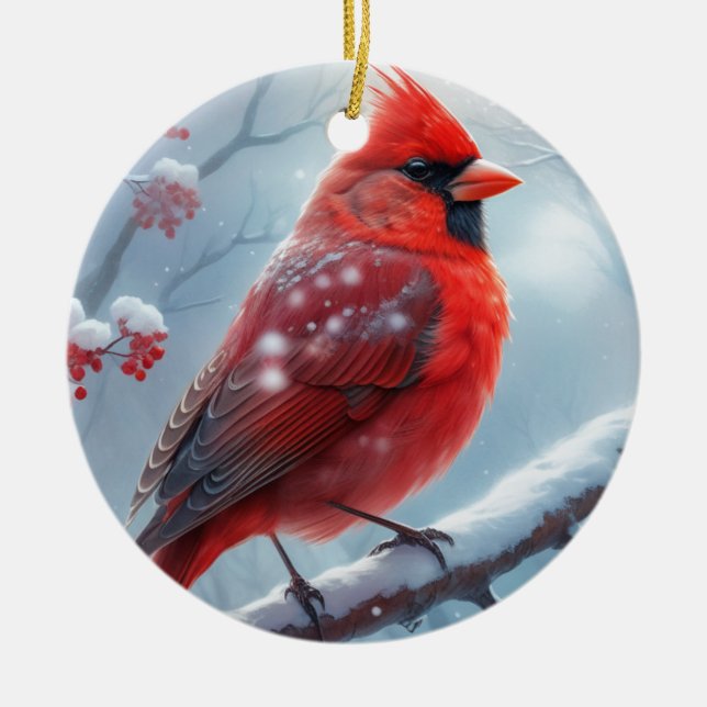 Customisable Christmas Winter Cardinal Ornaments, Ceramic Tree Decoration (Front)