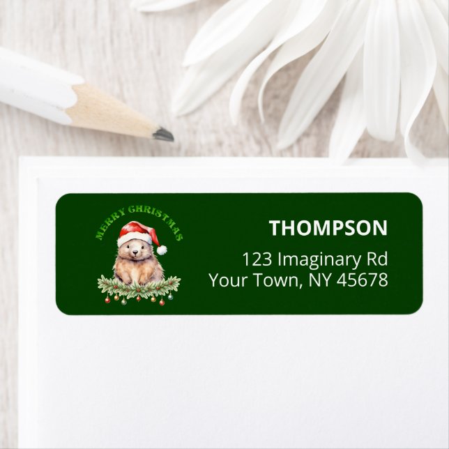 Customisable Christmas Wombat Green Return Label (Insitu)