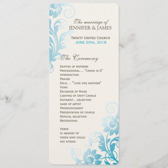 Customisable Classy Ombre Teal Wedding Program Programme (Front)