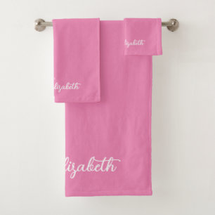 Customisable Colour And Text Script Name Pink Whit Bath Towel Set