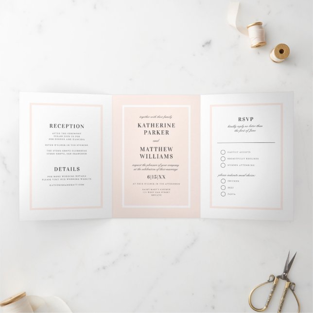 Customisable Colour Pink Border All-In-One Wedding Tri-Fold Invitation (Inside)