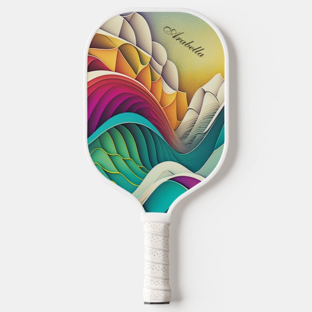 Customisable Colourful abstract waves and mountain Pickleball Paddle (Front)