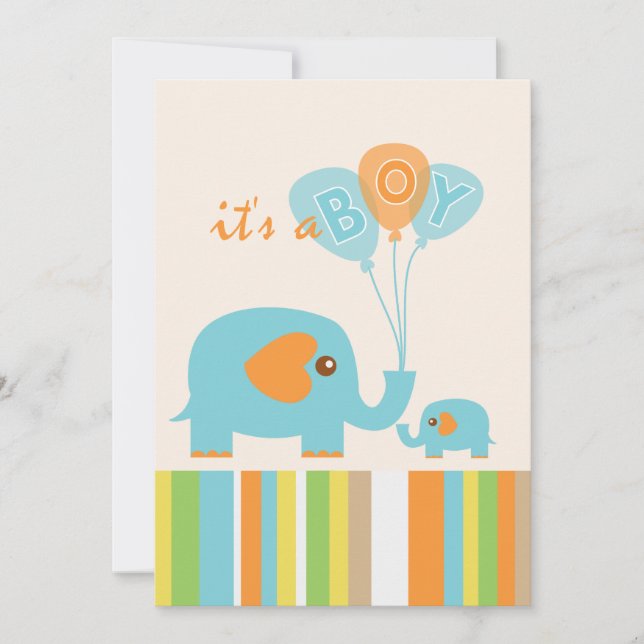 Customisable colourful elephant baby boy shower invitation (Front)