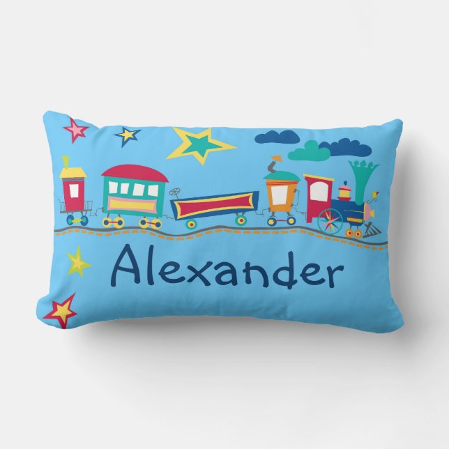 Customisable colourful train boys room pillow (Front)