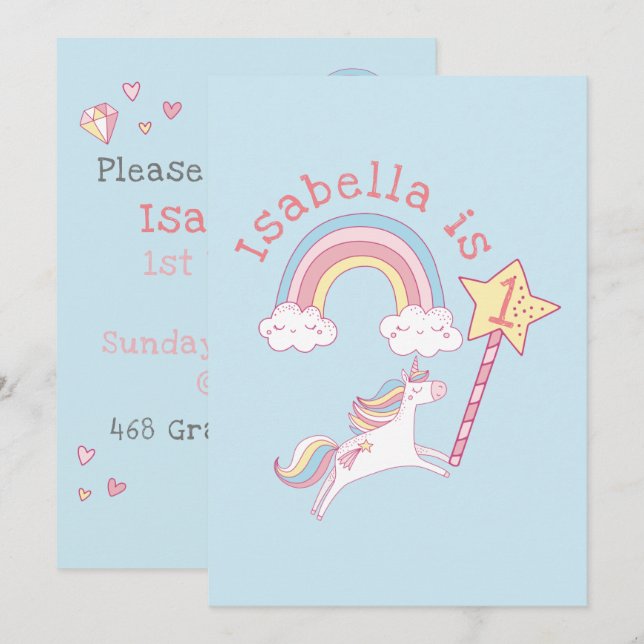 Customisable Colourful Unicorn Magic Wand Birthday Invitation (Front/Back)