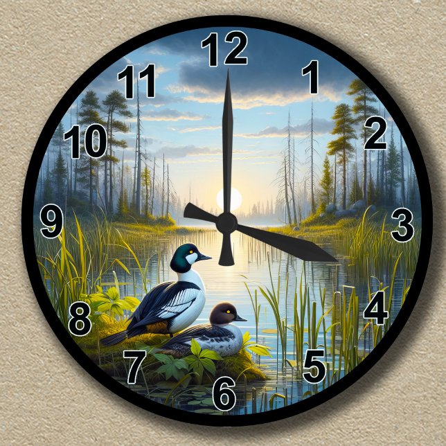 Customisable Common Goldeneye Ducks at Sunset Roun Round Clock (Creator Uploaded)