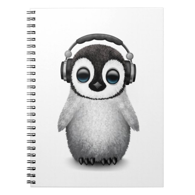 Customisable Cute Baby Penguin Dj with Headphones Spiral Notebook (Front)