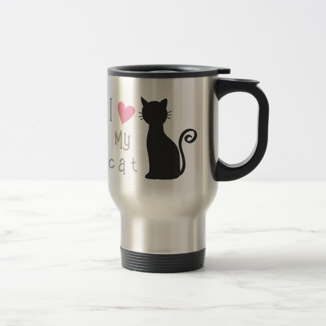Customisable cute black cat with lovely pink heart travel mug (Right)