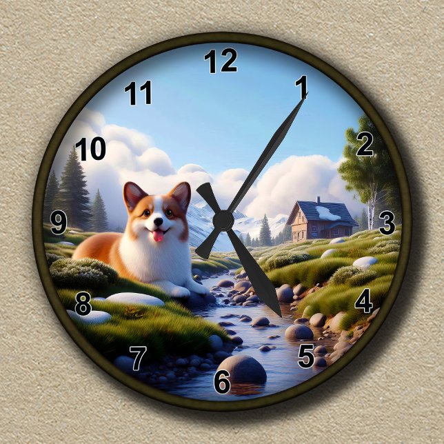 Customisable Cute Corgi Scenic Background  Round Clock (Creator Uploaded)